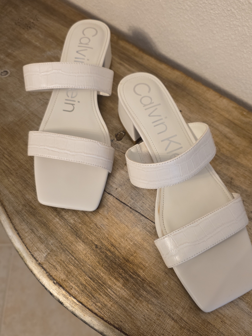 Calvin Klein White Croc-Embossed Double Strap Heeled Sandals Size 8 M